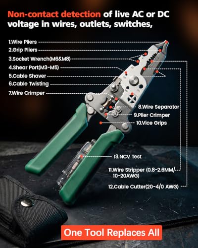 16-in-1 Wire Stripper 20–4/0 AWG with 12-250V Voltage Tester & Alarm Rechargeable Heavy Duty Foldable Wire Stripper Crimper, Cutter for Home Use, Electrical Repairs, DIY