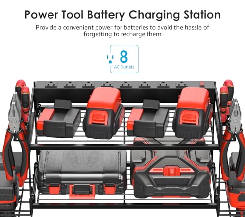 CCCEI Garage Tools Storage with Charging Station. Power Tool Battery Organizer Utility Shelf with Power Strip. 4 Drills Holder Wall Mount Rack, Black. - size: Small, style: 2 Layer