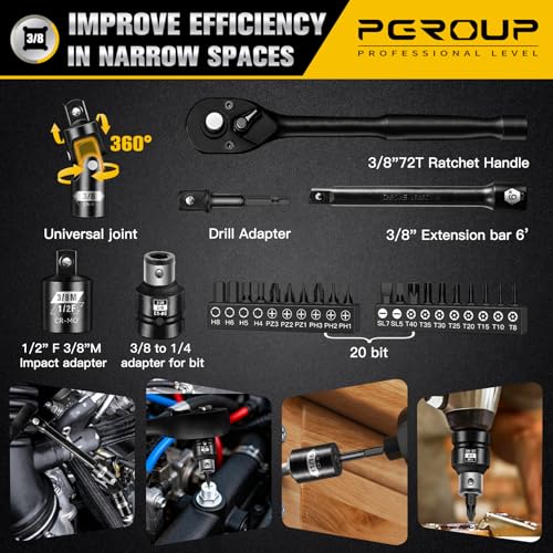 3/8 Inch Drive Impact Socket Set, 72 PCS Standard SAE(5/16"- 3/4") & Metric(8-22mm) With Spark Plug, 6 Point Deep & Shallow, 72T Wrench Ratchet Tool Kit, Cr-V With Heavy Duty Storage Case