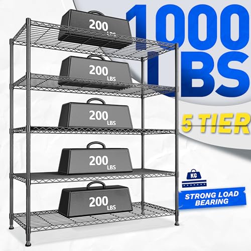 DurayLoly 45"W Heavy Duty 5-Tier 1000LBS Storage Shelves, Adjustable, Black - size: 45" W x 70.5" H x 13.5" D