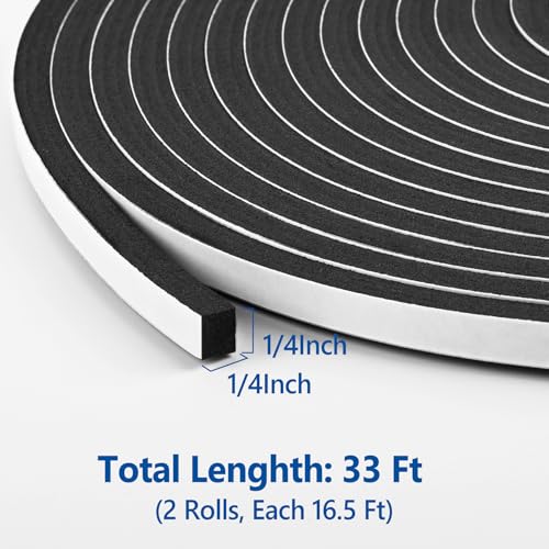 Self Adhesive Foam Tape Weatherstrip 1/4In x 1/4In x 33Ft High Density Foam Insulation Strips Foam Seal Weather Stripping with Strong Adhesive for Door and Window Sound Isolation Soundproofing - size: 1/4in x 1/4in x 33Ft