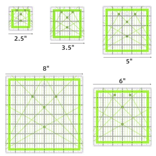 5 Quilting Rulers(2.5",3.5", 5", 6", 8"),Square Rulers - color: Green