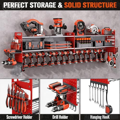 2 Pack Power Tool Organizer Wall Mount, 3-Layer,18 Drill Holders - color: Red, size: 18 Drills Holder-3 Layers