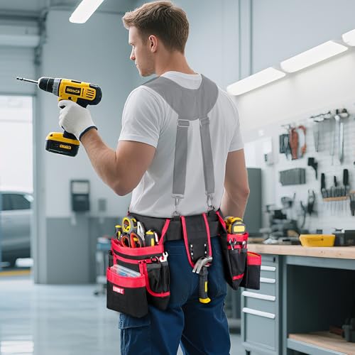 Tool Belt with 4 D-Rings,27-Pockets Tool Belts for Men,Construction - color: Red & Black, size: 27 Pockets with Magnet Pouch