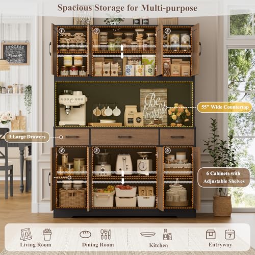 HOSTACK 71" Tall Kitchen Pantry Cabinet, 55" W Kitchen Hutch, Brown/Black | Large Pantry Cabinet with Charging Station / Countertop / 3 Drawers, Farmhouse Hutch Cabinet with Storage for Dining Room - color: Brown/Black