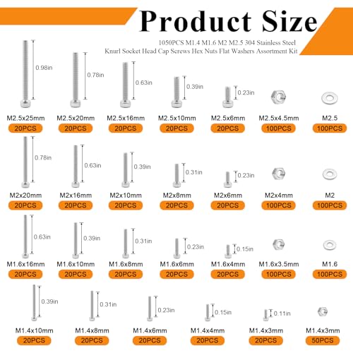 304 Stainless Steel 1050PCS M1.4 M1.6 M2 M2.5 Knurl Socket Head Cap Screws Hardware Kit Hex Socket Head Cap Bolts, Nuts & Washers Assorted Set for DIY, 3D Printer - size: 1050pcs