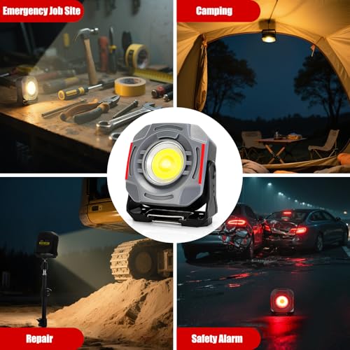 SUNPRO Magnetic Job Site Light Rechargeable FloodLight with Hook(1, Grey) | Portable Work Light with 270° Rotating Stand Stepless Dimmable Flashlight for Home Hurricane Camping Car Repaire Emergency