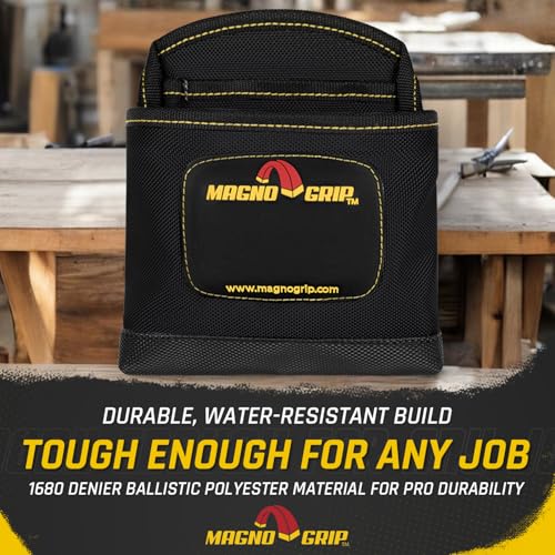 MagnoGrip 3-Pocket Nail Pouch with Integrated Magnetic Storage - Durable 1680D Ballistic Polyester, Magnetic Interior & Exterior, Tool Belt Compatible, Construction Pouch for Carpenters & DIY Projects