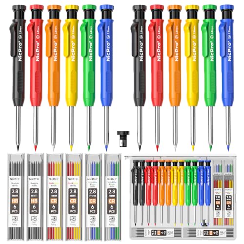 Nicpro Carpenter Pencil with Sharpener, 12Pcs Construction Pencil+52 Refill - color: Multicolor, size: 12 Pack