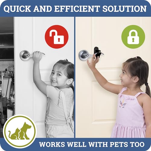 Door Lever Lock (2 Pack) Prevents Toddlers from Opening Doors. 3.25" L * 1.5" W * 4.5" H Easy One Hand Operation for Adults. Durable ABS with 3M Adhesive Backing. Simple Install, Black - color: Black