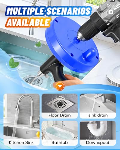 Drain Auger, 25FT Drain Snake with Drill Adapter, Flexible Plumbing Snake Clog Remover with Gloves & Cloth Bag, Use Manually or Powered for Kitchen Bathroom Shower Sink - Blue - color: Bule