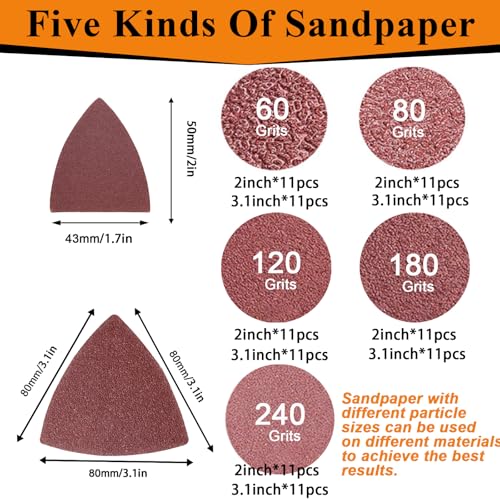 114Pcs Oscillating Tool Sanding Pads Kit 2Pcs Triangle Sanding Pads and 2Pcs Finger Sanding Pad 110Pcs Sandpaper Grit(60-240)Fit for Finishing Wood Plaster Metal Leather Compatible with Multiple Tools