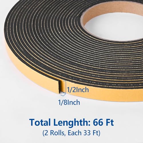 Self Adhesive Foam Tape Weatherstrip 1/2in x 1/8in x 66Ft High Density Foam Insulation Strips Seal Weather Stripping with Strong Adhesive for Door and Window Sound Isolation Soundproofing - size: 1/2in x 1/8in x 66Ft