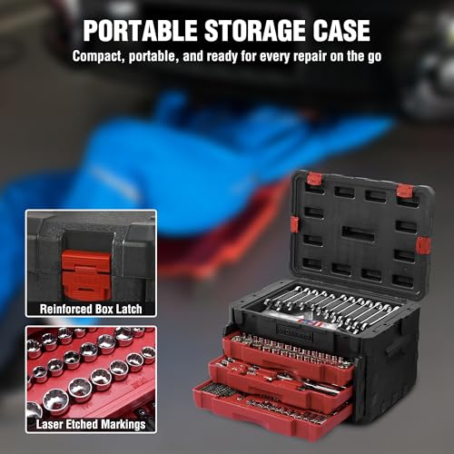 WORKPRO 450-Piece Drive Socket Set 1/2" 1/4" 3/8", CR-V Metric and Imperial with Quick-Release Ratchet Wrench, Spanners, Bits Set, Mechanics Tool for Car Repair