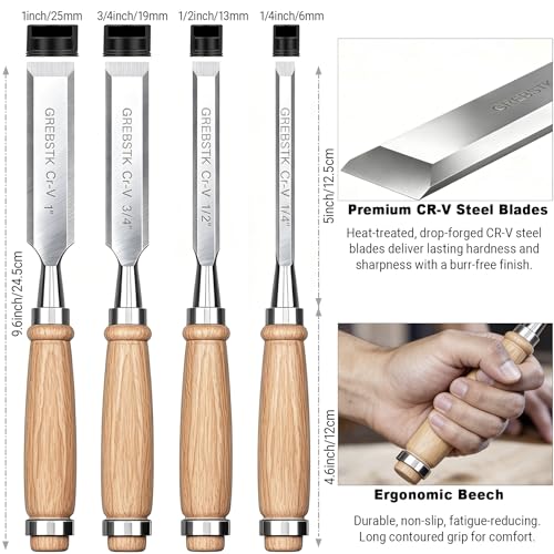 GREBSTK 4 Piece Wood Chisel Set CR-V Steel Sharp Bevel Edge for Woodworking