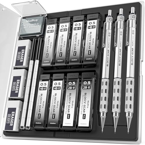 Nicpro 3 Pack Blocky Gear 0.5 mm Metal Mechanical Pencils Set with Case - style: 0.5mm