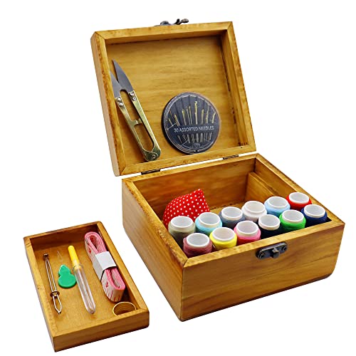 Flytreal Sewing Kit Small Box Basket, Wooden Hand Home Sewing Repair Tool Kit, Beginner Universal Sew Kit Accessories for Women, Men, Adults, Girls, Kids - color: Small Yellow