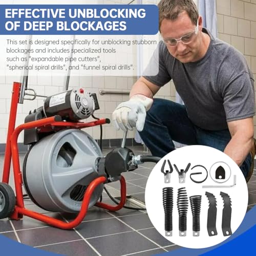 8-Piece Drain Snakes Drill Attachment, Used in 50FT-100FT Drain Cleaning Machine, Suitable for 5/16-inch to 3/4-inch Drain Snakes Cable, Tackle Tough Clogs with Precision