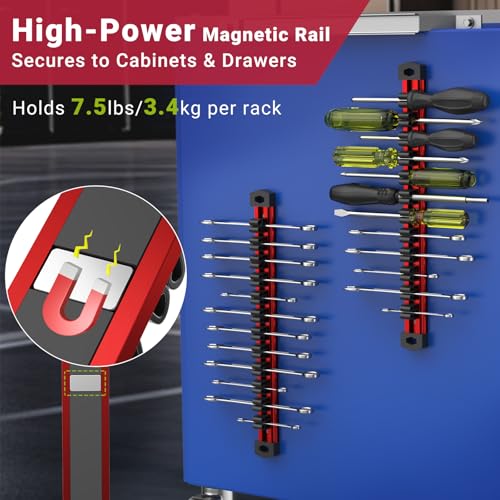 Preciva 2 PCS Magnetic Tool Holder with 24 Sliding Clips, Triple Strong Magnets & Aluminum Rails, Compact Screwdriver Organizer and Wrench Organizer for Garage Workshop Tool Box Storage