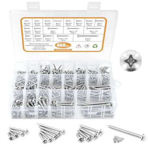 460PCS Stainless Steel Wood Screws Assortment Kit, 18 Sizes #4#6#8#10#12 Pan Head Sheet Metal Screws Self Tapping Screws Set for Wood Deck Drywall Concrete Screws, Length 1/4" to 2" - style: Silver Pan Head 460PCS