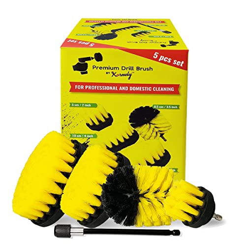 Premium Drill Brush Professional – Medium-Soft 5-Piece Kit (5/4 / 3.5/2 in Brushes + 6 in Extension) | Scratch-Free Cleaning Brush for Tile, Grout, Bath, Shower, Fibreglass, Ceramic - color: Yellow
