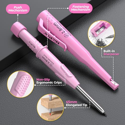 Nicpro Carpenter Pencil with Sharpener & Holster, Construction Pencil-Green - color: Pink