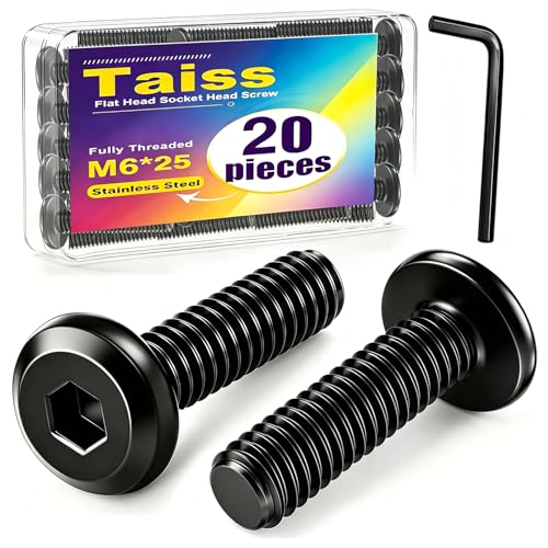 Taiss 20pcs M6 x 25mm Flat Head Socket Head Screw Furniture Bolts,Furniture Screws Stainless Steel 18-8(304),M6 Bolts Black Zinc Plated Fully Threaded,Countersunk Connector M6 Screws with Hex Spanner - size: 20PCS M6x25mm