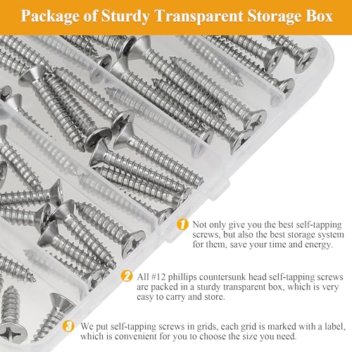 58 Pieces #12 x 3/4" 1" 1-1/4" 1-1/2" 2" Wood Screws Set, Phillips Countersunk Head #12 Self-Tapping Screws Assortment Kit, 304 Stainless Steel - size: #12, style: Phillips Countersunk Head
