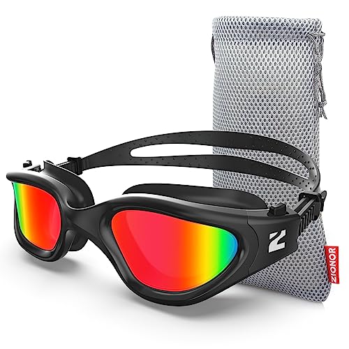 ZIONOR Swim Goggles, G1 SE Swimming Goggles Anti-Fog for Adult Men Women - color: B8-red Lens Allblack Frame