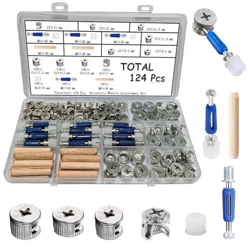 TayFeim124 Pcs Cam Lock Screws and Nuts,Cam Locks for Furniture Hardware Spare Parts, 3 in 1 Cam Connecting Fittings, Bolts dowels, Twist Lock Fasteners for Cabinet Drawer Dresser