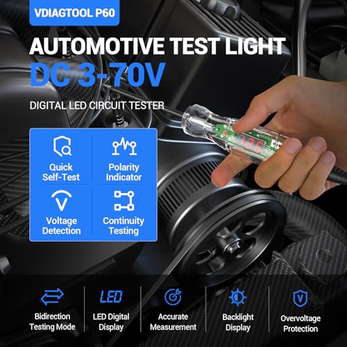 Automotive Test Light VDIAGTOOL P60 3-70V LED Digital Voltage Display, Circuit Tester with Voltmeter & Dual Polarity Indicator Light, Tester Electric, Bidirectional Voltage Tester w/Stainless Probe