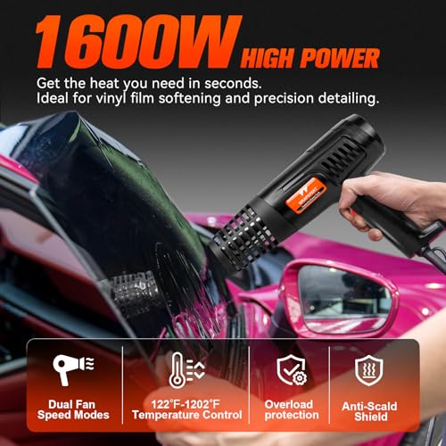 WRAPXPERT Heat Gun for Vinyl Wrap 1600W 122℉-1202℉ with 2 Air Speeds Variable Temperature, Fast Heating Heavy Duty Hot Air Gun for Car Wrap, Window Tint, Crafts, Shrinking Tubing, Stripping Paint - color: Black