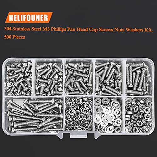HELIFOUNER 500 Pieces M3 x 6mm /8mm /10mm /12mm /16mm /20mm, Phillips Pan Head Machine Screws, Metric Screws Bolts Washers Nuts Kit, 304 Stainless Steel - size: M3