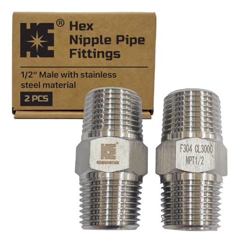 Cosmostar 2 PCS 1/2" Male Hex Nipple Pipe Fittings, 304 Stainless Steel NPT Threaded Pipe Connector, Durable Pipe Adapter for Plumbing & Industrial Use - size: 1/2" NPT-2pcs