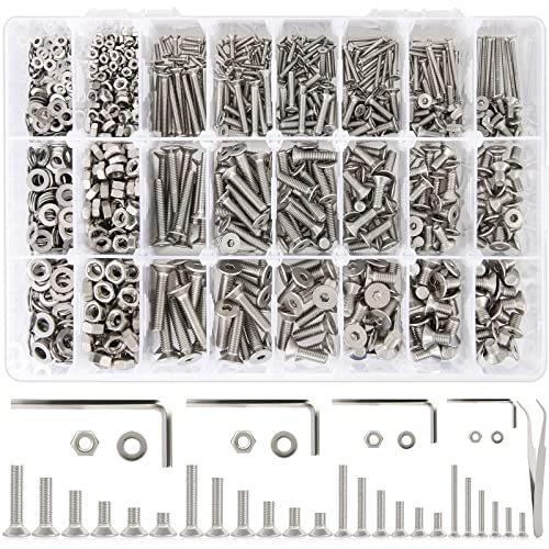 24 Sizes M2 M3 M4 M5 Hex Socket Flat Head Screw Bolts and Nuts Kit, 8MM to 25MM 304 Stainless Steel Nuts and Bolts Assortment Kit Silver Metric Machine Screws 8mm 10mm 12mm 16mm 20mm 25mm - size: D. M2 M3 M4 M5