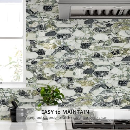 Vamos Tile Glossy Ice Green Backsplash Tile Peel and Stick, 12.8 x 12.8 Inch 10 Sheets Long Hexagon PVC Self Adhesive Mosaic Wall Tiles Stick on Backsplash for Kitchen Bathroom and Fireplace - color: Glossy Ice Green