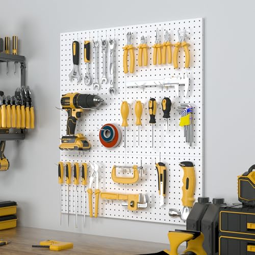 Spampur Peg Board, 6 Pack Metal Pegboard Panels with 50 Hooks - color: White, size: 16x12"- 6 Pcs