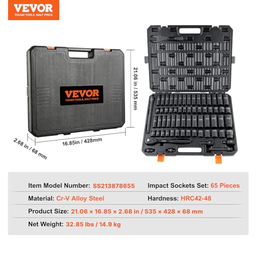 VEVOR 1/2" Drive Impact Socket Set 65 Piece, 3/8" to 1-1/4" and 10-24mm - size: 1/2" 65 PCS