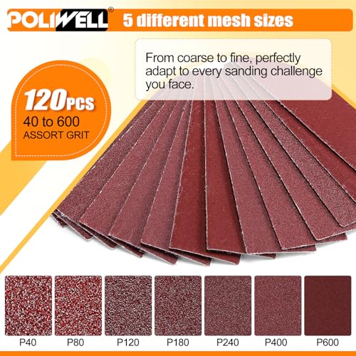 POLIWELL Micro Sanding Tools 3.5” x 1” Detail Sander for Small Projects, Mini Handle Sander Kit+ Sandpaper 40 80 120 180 240 400 600 Grit for Crafts Wood Finishing Tight Narrow Spaces, 120 PCS - style: 120 Pcs