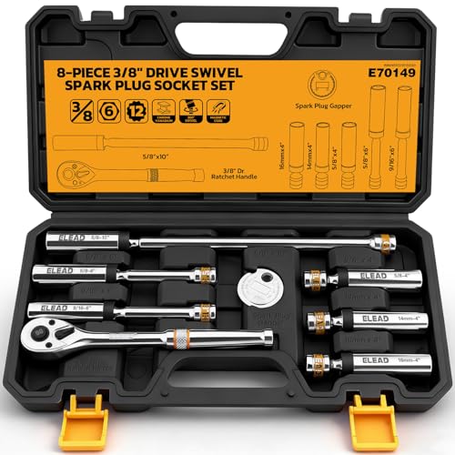 ELEAD 8-Piece 3/8" Drive Magnetic Swivel Spark Plug Socket Set, 5/8", 9/16", 14mm, 16mm, Include Ratchet Handle & Spark Plug Gapper, 6 & 12 Point CR-V Spark Plug Removal Tool - size: 8-Piece Magnetic Swivel Spark Plug Socket Set