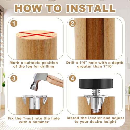 Pinkunn 50 Pieces Adjustable Leveling Feet with T- Nut Kit, Smooth - style: Smooth