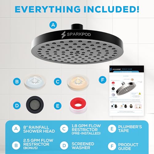 SparkPod Rain Shower Head, 8 Inch Round, Midnight Black Matte Finish - color: Midnight Black Matte, style: 8 Inch Round