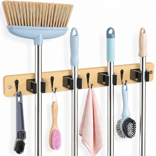 AceMining Light Wood Broom Holder Wall Mount, 4 Holders 4 Hooks Mop Holder - color: Light Wood, size: 1 Pack
