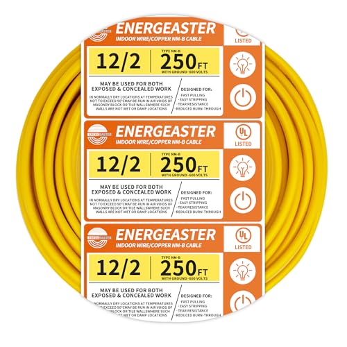 Energeaster Solid Indoor 12/2 W/G NMB Cable 250ft, Electrical Wire, Yellow - size: 250FT, style: 2x12AWG-Yellow