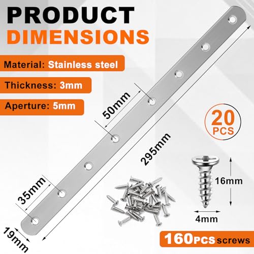 Zonon 20 Pcs Silver Flat Mending Plate 12" Stainless Steel Bracket - color: Silver, size: 12 Inch