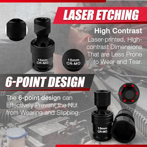 18PCS 1/2" Drive Shallow Universal Impact Socket Set,Swivel Socket Set,Metric Flexible Wobble Sockets, CR-MO,10-24mm, 3", 6" Extension Bar, Adapter,6 Point - size: 18 PCS (3/8"-1")