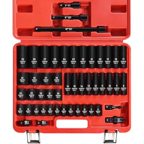 1/2" Drive Impact Socket Set 49 Piece, Standard and Deep Metric Socket (9-25mm, 27, 30, 32mm), Includes Extension Bars, Universal Joint and Adapter, 6 Point Design,Cr-V steel - color: 1/2-49pcs
