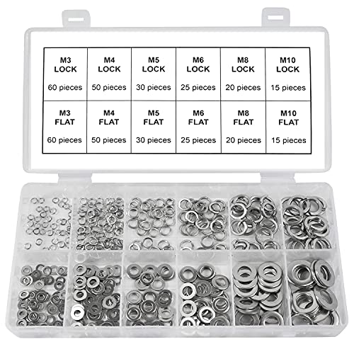 Split Lock and Flat Washer Assortment Set 304 Stainless Steel 400 Piece Silver, M3 M4 M5 M6 M8 M10 (Silver)