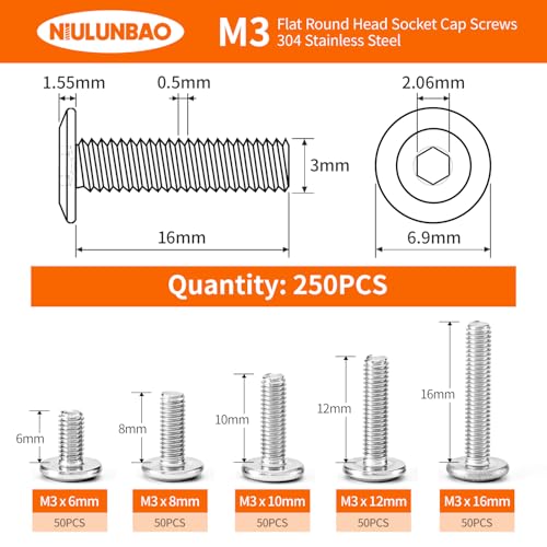 M3 x 6mm 8mm 10mm 12mm 16mm Flat Round Head Hex Socket Cap Screws Bolts, Furniture Screws, 304 Stainless Steel, Metric Fully Threaded, Allen Hex Drive, Bright Finish, Assortment Kit 250PCS - size: M3 x 6/8/10/12/16mm (250PCS)