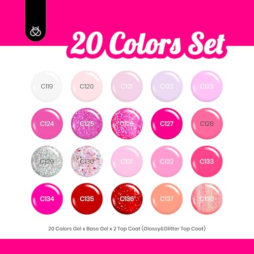 Beetles Pink Gel Polish Set, Hot Pink Alluring Sweetie Collection | 20 Colors Nude Purple Sliver Sparkly Red Uv Gel Manicure Kit, Base Glossy and Glitter Top Coat Gifts for Women - color: 0-0 Alluring Sweetie